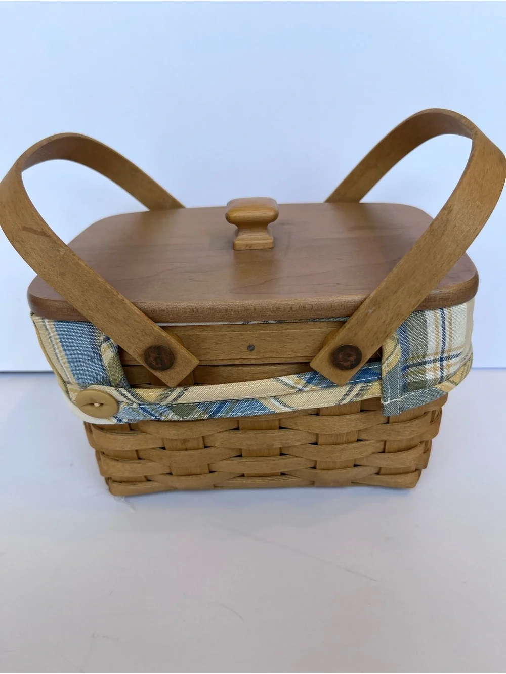 Vintage Longaberger Basket With Lid Yellow Blue Plaid Liner Cottagecore